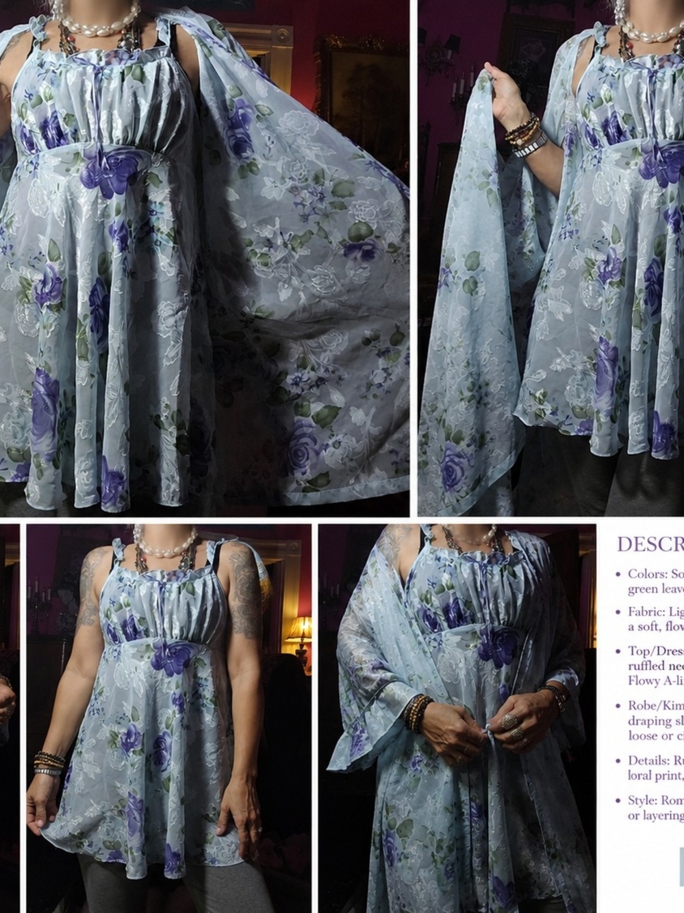 Romantic Blue & Purple Floral Chiffon Babydoll Set Ladies Small Robe Gown Panty